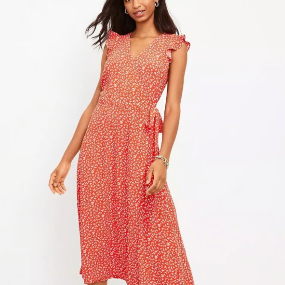 NWT LOFT Red Floral Ruffle Sleeve Wrap Midi Dress - Size Small